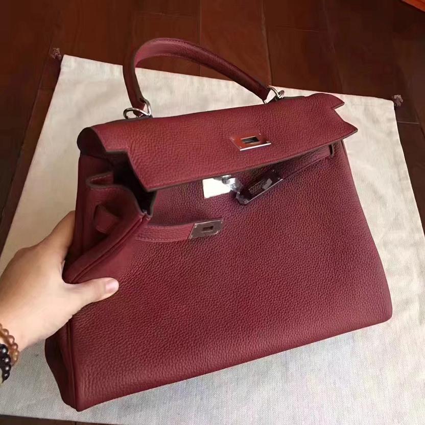 Hermes original togo leather kelly 25 bag K25 burgundy