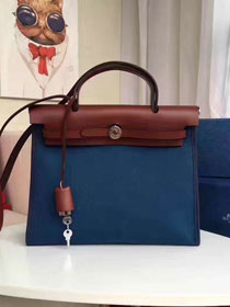 Hermes original canvas&calfskin leather small her bag H031 deep blue&brown