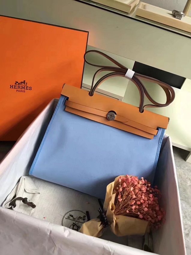 Hermes original canvas&calfskin leather large her bag H039 coffee&sky blue