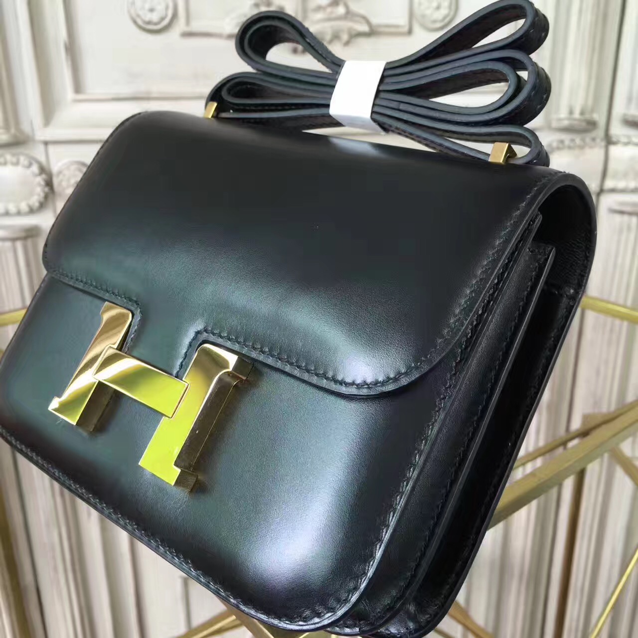 Hermes original box leather small constance bag C019 black