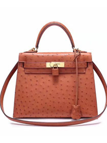 Top hermes genuine 100% ostrich leather handmade kelly 32 bag K320 brown