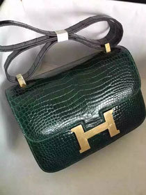 Top hermes 100% genuine crocodile leather constance bag C0023 blackish green