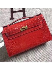 Top hermes genuine 100% crocodile leather handmade mini kelly clutch K220 red