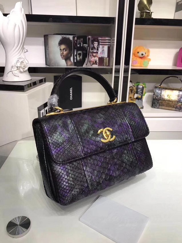 2018 CC original snakeskin top handle flap bag A92236 black&purple