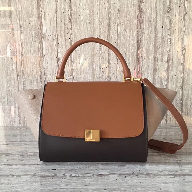 Celine original calfskin medium trapeze bag 18701 coffee&black&gray