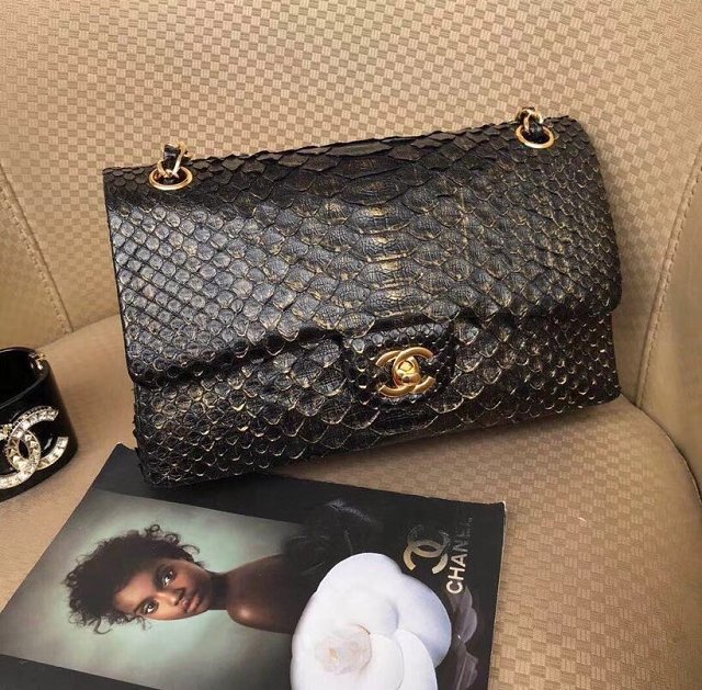 CC original python leather flap bag A01112 black&gold