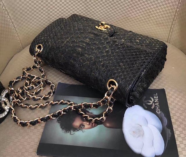 CC original python leather flap bag A01112 black&gold