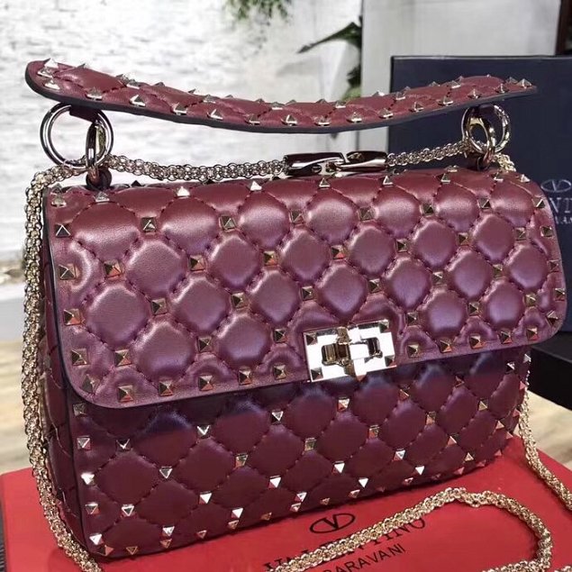 Valentino original lambskin rockstud medium chain bag 0122 burgundy