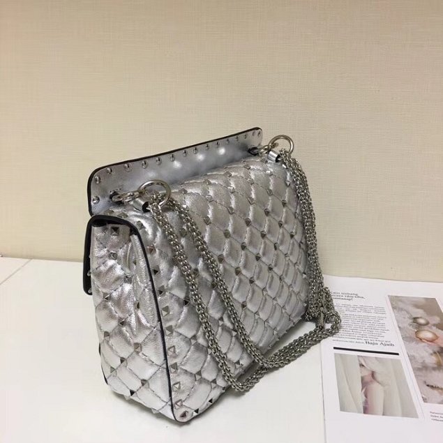 Valentino original lambskin rockstud medium chain bag 0122 silver