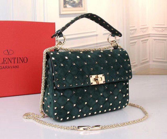 Valentino original suede rockstud large chain bag 0121 blackish green