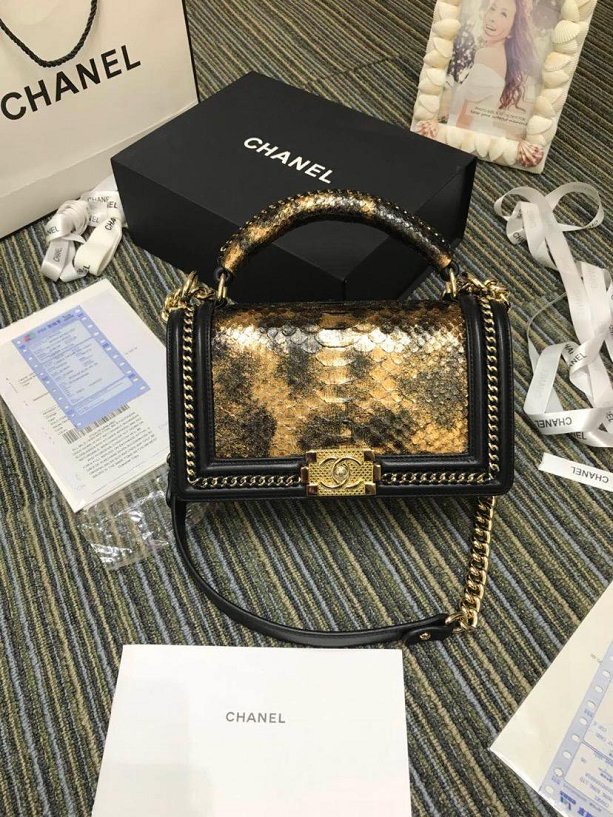 CC original python leather medium le boy handbag A94804 black&gold