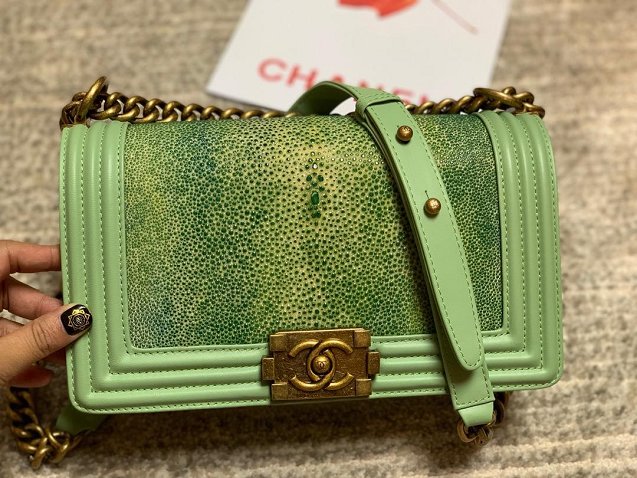 CC original genuine stingray skin boy bag A67086 light green