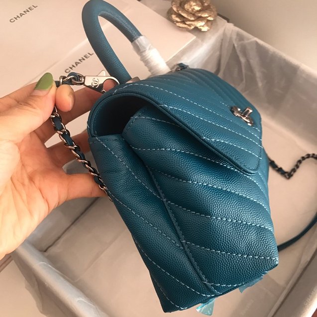 CC original grained calfskin small coco handle bag A92990 turquoise	