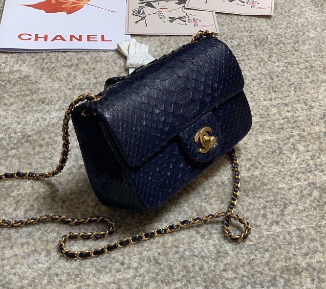 CC original python leather flap bag AS1787 navy blue