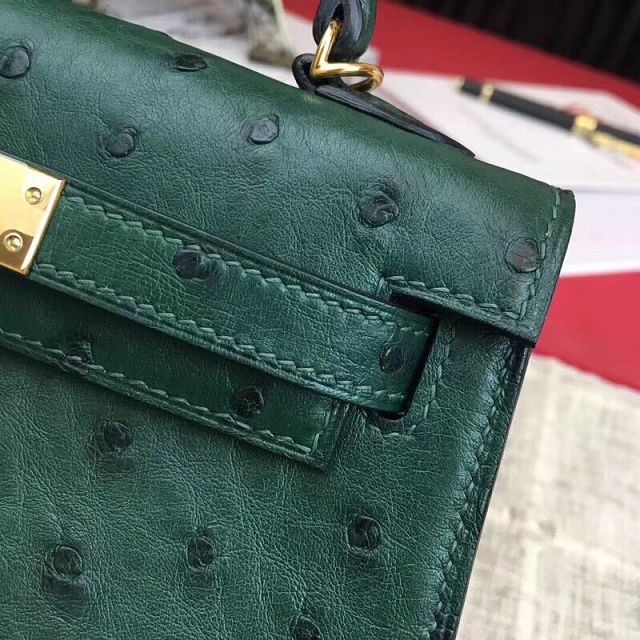 Hermes handmade genuine 100% ostrich leather kelly 19 bag K019 green