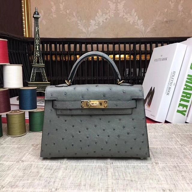 Hermes handmade genuine 100% ostrich leather kelly 19 bag K019 grey