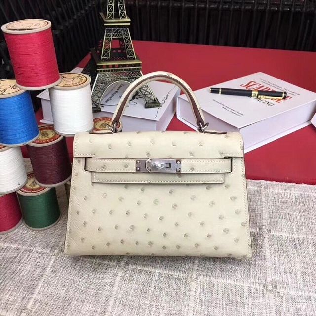 Hermes handmade genuine 100% ostrich leather kelly 19 bag K019 white