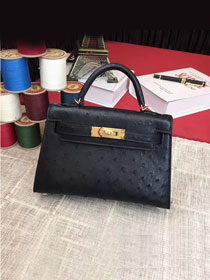 Hermes handmade genuine 100% ostrich leather kelly 19 bag K019 black