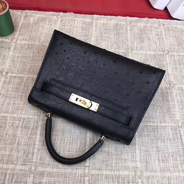 Hermes handmade genuine 100% ostrich leather kelly 19 bag K019 black