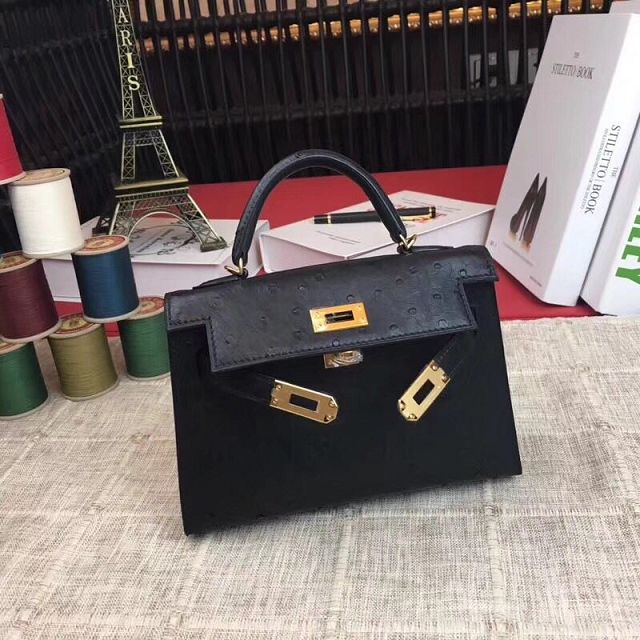 Hermes handmade genuine 100% ostrich leather kelly 19 bag K019 black