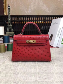 Hermes handmade genuine 100% ostrich leather kelly 19 bag K019 red