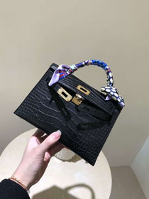 Top hermes 100% genuine crocodile leather mini kelly bag K0019 black