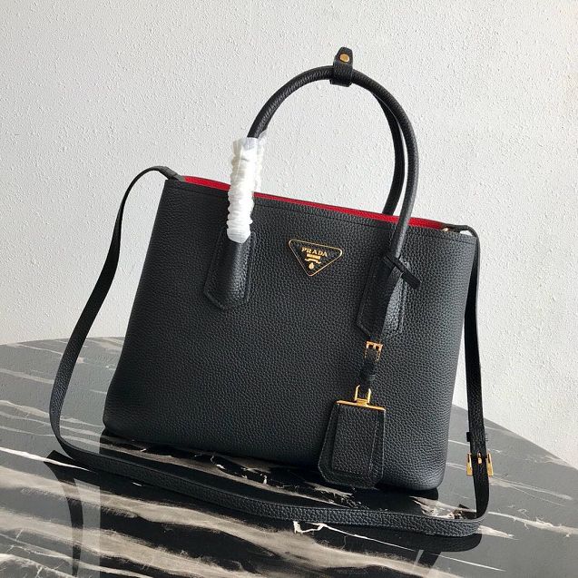 Prada original grained calfskin medium double bag 1BG2775 black&red