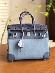 Hermes handmade original crocodile leather&canvas birkin 35 bag H3500 light blue