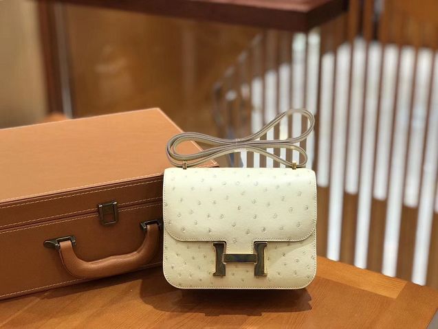 Top hermes genuine 100% ostrich leather handmade constance bag C0023 white