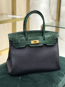 Hermes handmade original crocodile leather&calfskin birkin bag BK0035 black&green