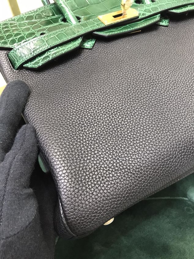 Hermes handmade original crocodile leather&calfskin birkin bag BK0035 black&green