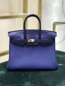 Hermes handmade original crocodile leather&calfskin birkin bag BK0035 blue