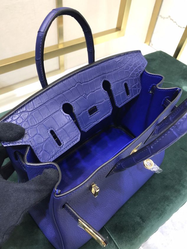 Hermes handmade original crocodile leather&calfskin birkin bag BK0035 blue