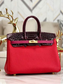 Hermes handmade original crocodile leather&calfskin birkin bag BK0035 bordeaux&red