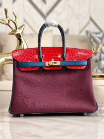 Hermes handmade original crocodile leather&calfskin birkin bag BK0035 bordeaux&red