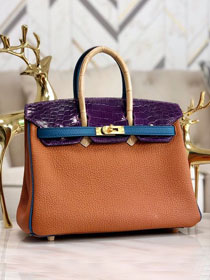 Hermes handmade original crocodile leather&calfskin birkin bag BK0035 caramel&purple