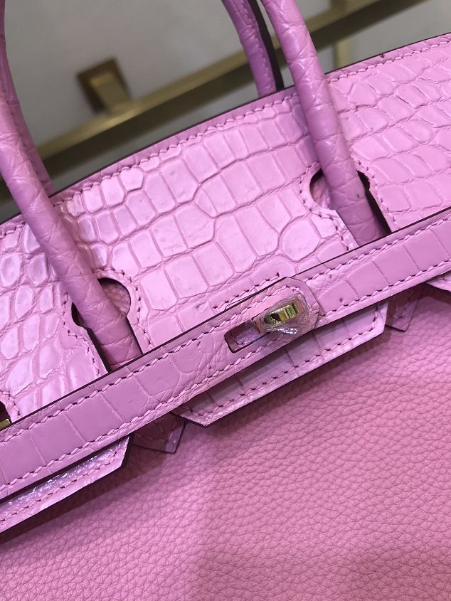 Hermes handmade original crocodile leather&calfskin birkin bag BK0035 pink