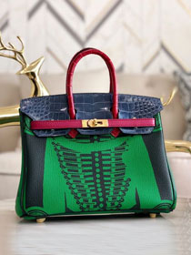 Hermes handmade original crocodile leather&calfskin birkin bag BK0036 green&navy blue