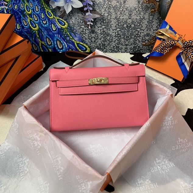 Hermes original epsom leather mini kelly 22 clutch K012 pink