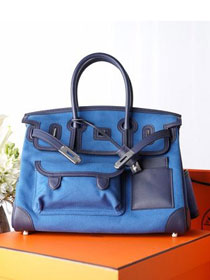 Hermes original canvas birkin 35 cargo bag BK0038 blue