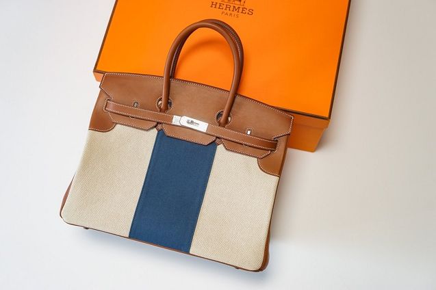 Hermes handmade original calfskin&canvas birkin bag BK00037 white&blue&caramel