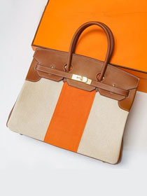 Hermes handmade original calfskin&canvas birkin bag BK00037 white&orange&caramel