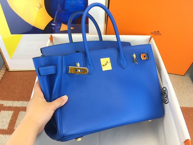 Hermes original epsom leather birkin 25 bag H25-3  blue hydra