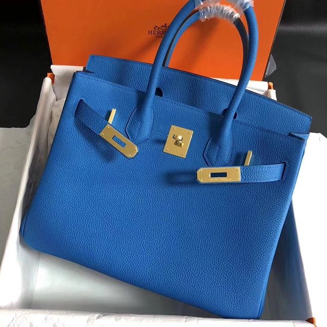 Hermes original togo leather birkin 30 bag H30-1 blue hydra