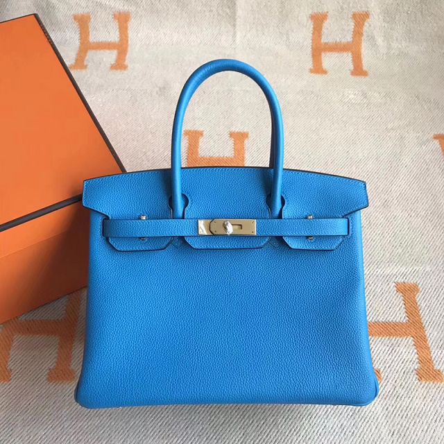 Hermes original togo leather birkin 30 bag H30-1 blue zanzibar