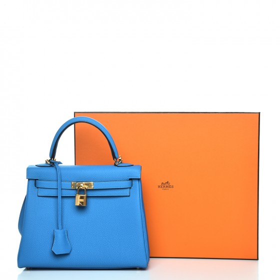 Hermes original togo leather kelly 28 bag K28-1 blue zanzibar