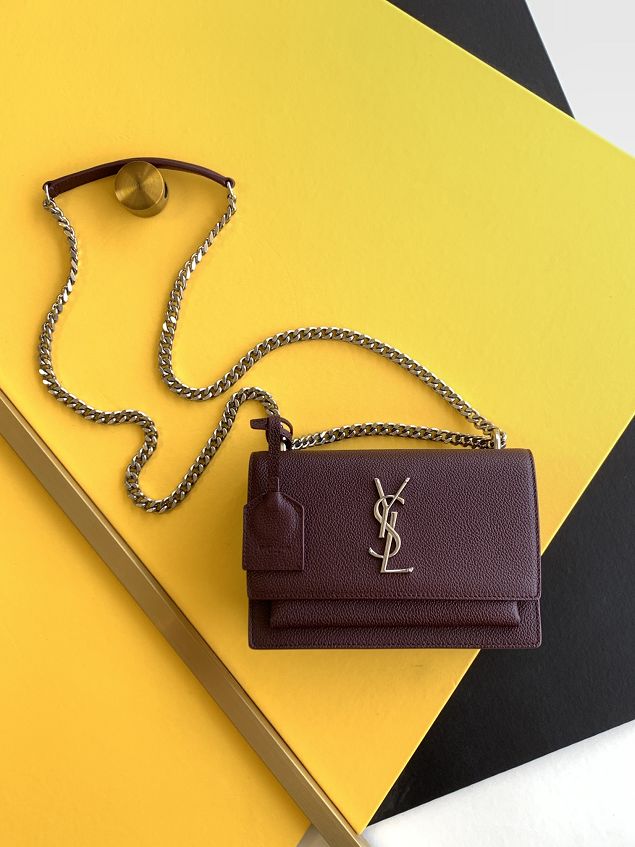 YSL original grained calfskin small sunset bag 441972 burgundy