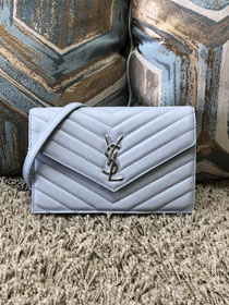 YSL original grained calfskin envelope small wallet on chain 393953 light blue