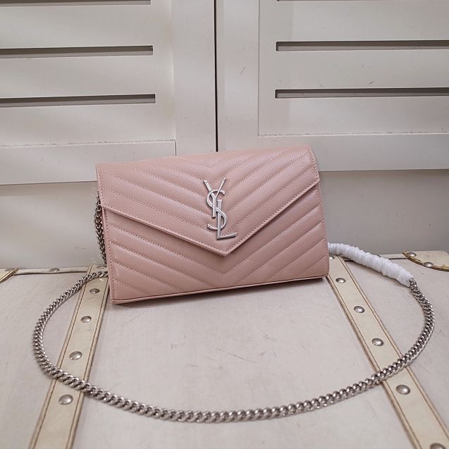 YSL original grained calfskin envelope wallet on chain 360452 pink