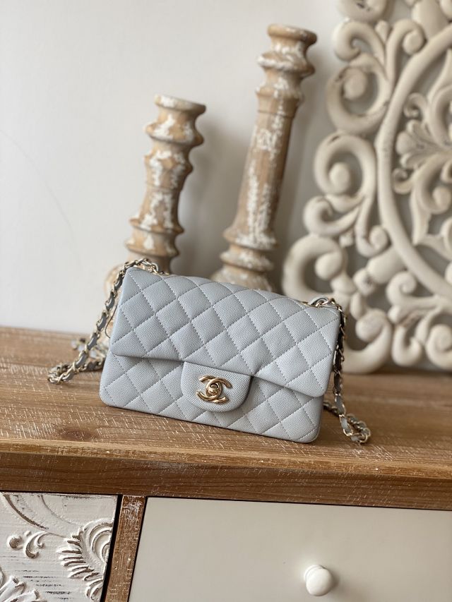 CC original grained calfskin mini flap bag A69900 light grey